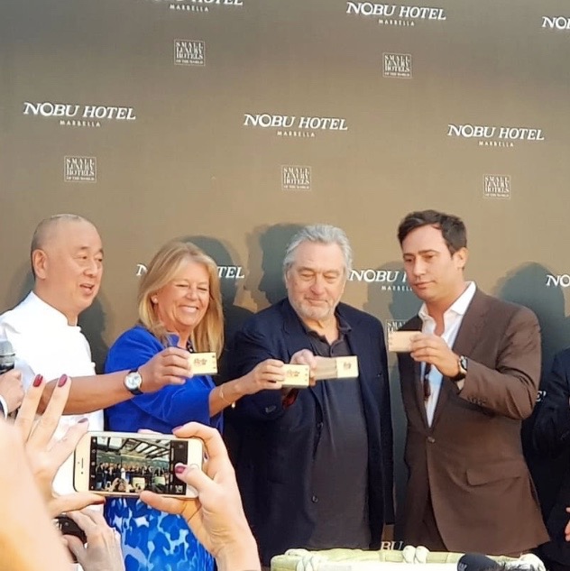 Nobu Matsuhisa, Marbella Mayoress Angeles Muñoz joined the conference with Robert De Niro and Daniel Shamoon Marbella Puente Romano 2018